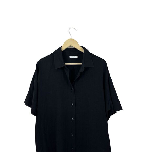 Mod Ref NEW Large Button Dress Midi Linen Blend Black Short Sleeve Womens - Picture 6 of 10